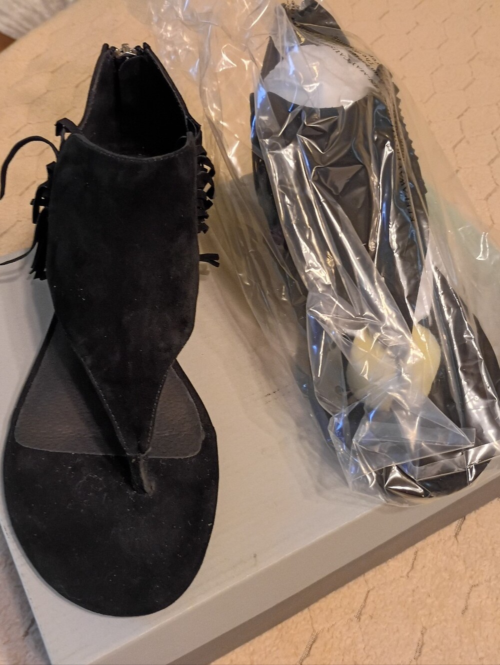 NIB Adam Tucker Black Suede Ankle Bootie Sandals 7.5 Fringe - Picture 3 of 8